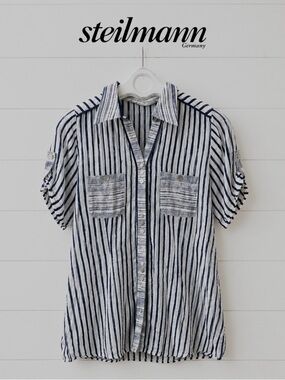 STEILMANN White & Navy Striped Tunic Blouse size 6